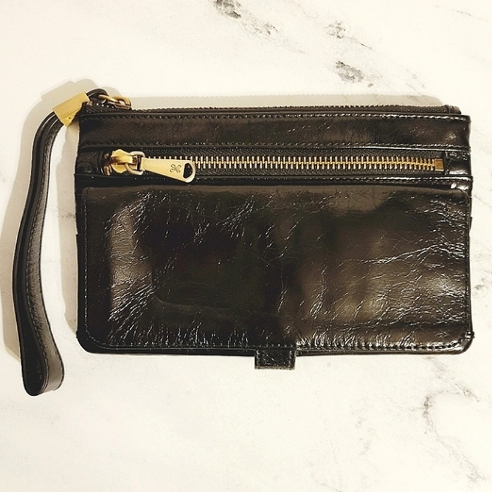 HOBO Shiny Black Distressed Leather Wristlet Wallet With Wanderlust Lining - Picture 9 of 11